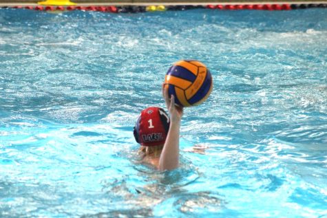 Water polo goalie preparing to pass the ball back into play