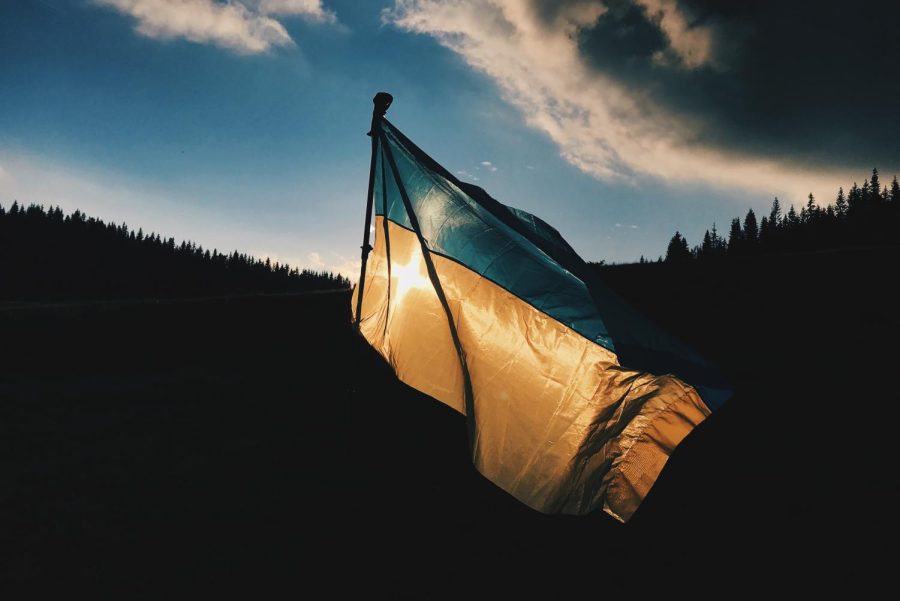 Ukrainian flag waved during sun rise